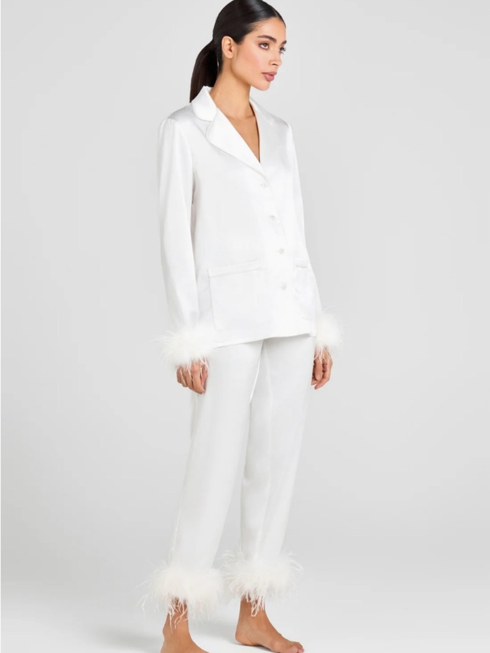 NADINE MERABI White Satin Feather-Trim Pajama Set